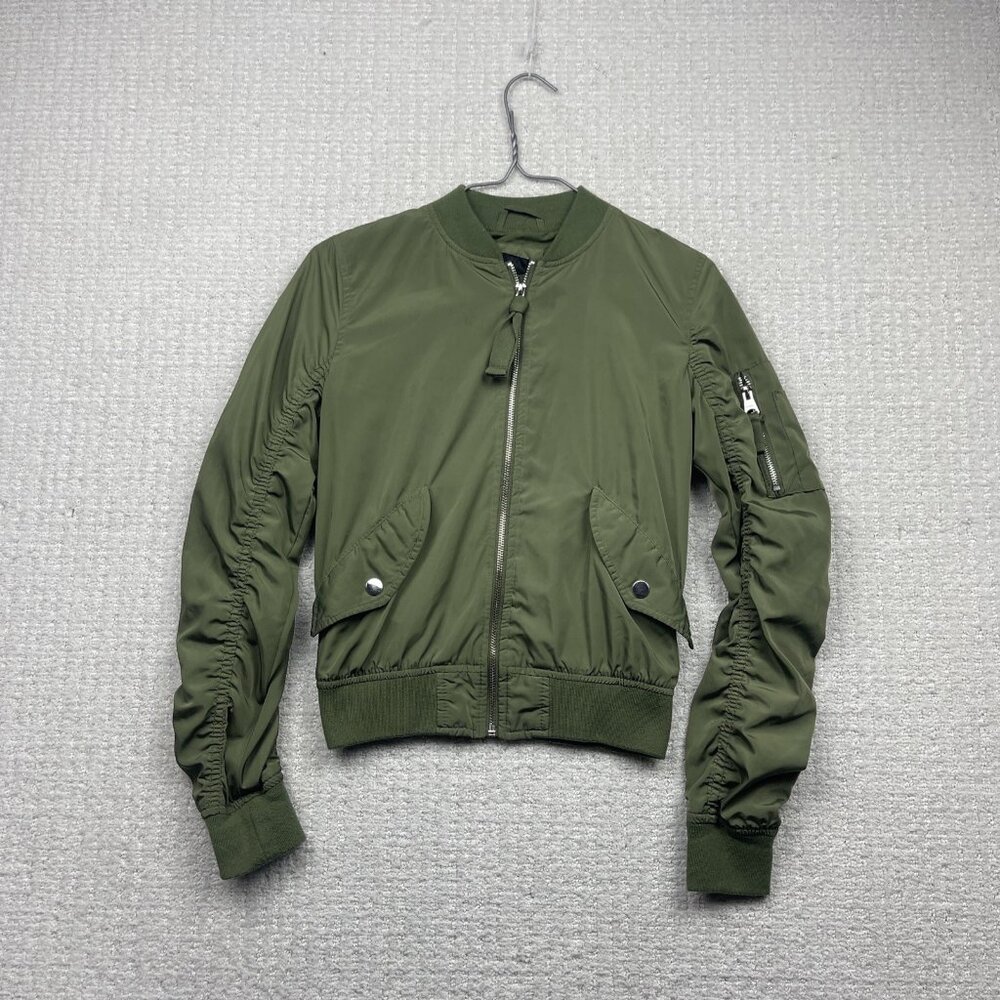 Y2K Bershka MA-1 Bomber Military Jacket Crop Green Alt Tech Ruched Wom Sz XS